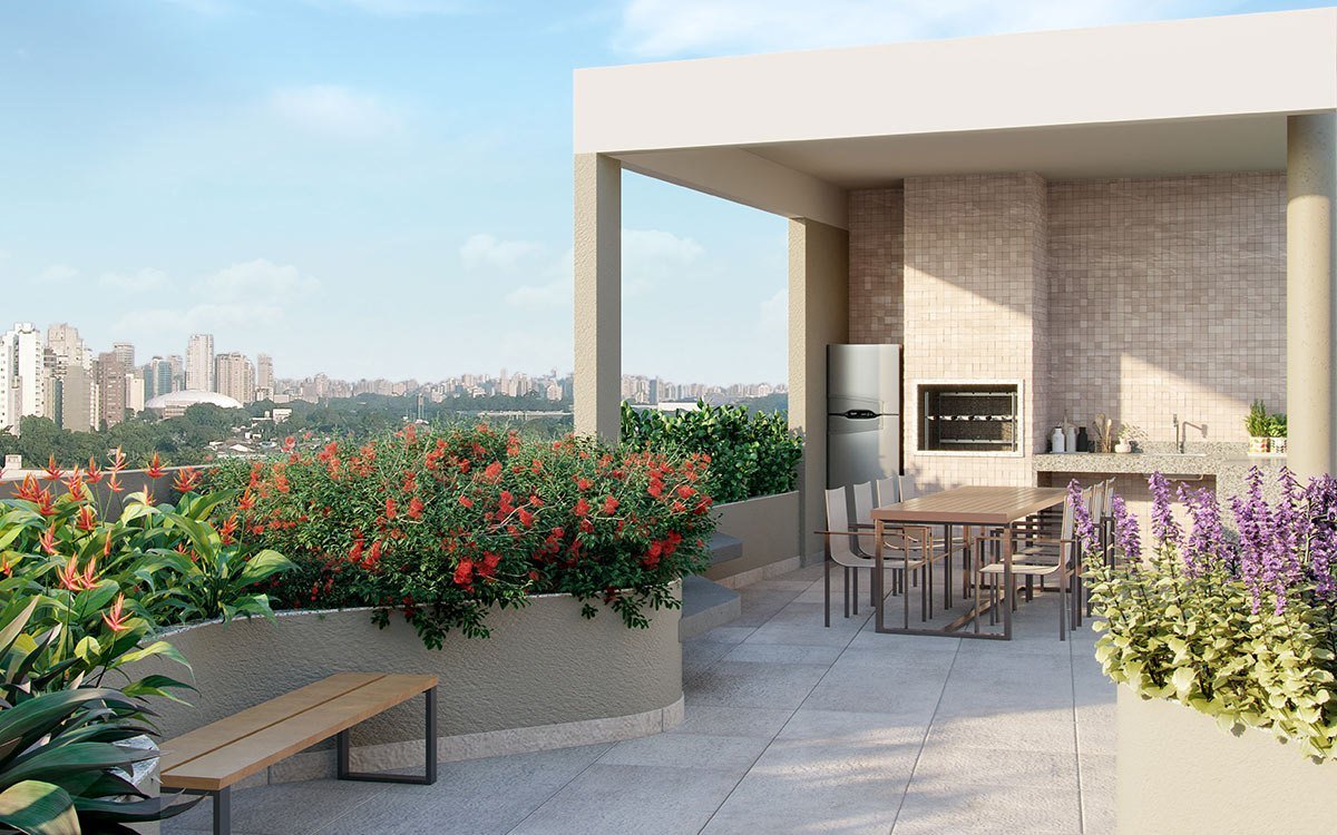 Churrasqueira com mesa e vista para a cidade