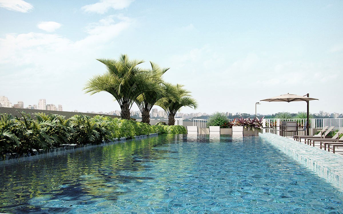 Piscina adulto com deck e palmeiras
