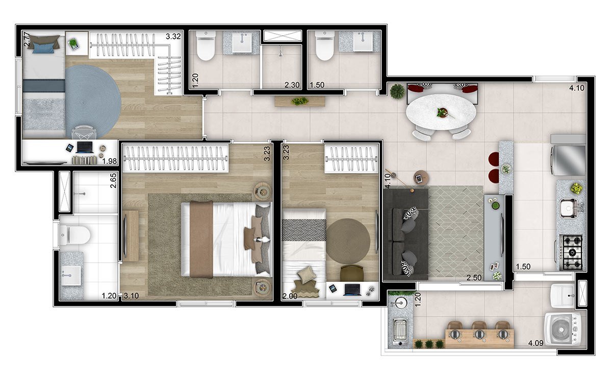 Planta do apartamento de 3 dormitórios com suíte, terraço com churrasqueira e área de serviço